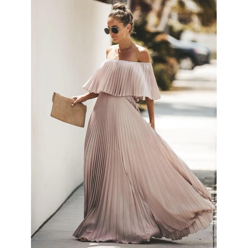 Women Dresses Half Sleeves Yellow Bateau Neck Pleated Asymmetrical Floor Length Dress Maxi Summer