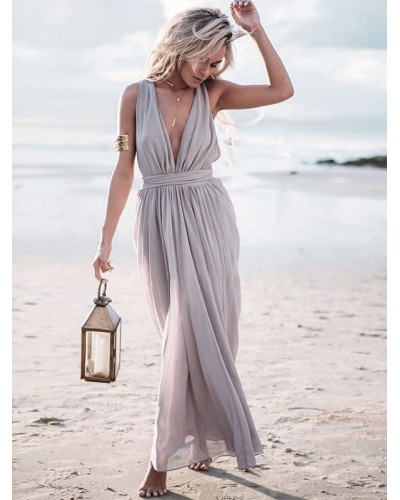 Women Maxi Dress V-Neck Sleeveless Casual Floor Length Dress Bohemian Spring Summer