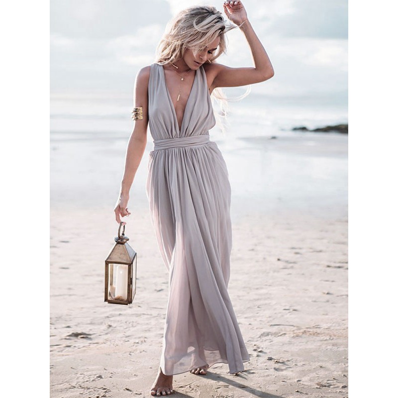 Women Maxi Dress V-Neck Sleeveless Casual Floor Length Dress Bohemian Spring Summer