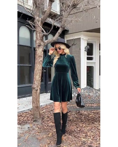 Velvet Dress Burgundy Long Sleeves Crewneck Mini Skater Dresses Bodycon Street Wear Daily Casual