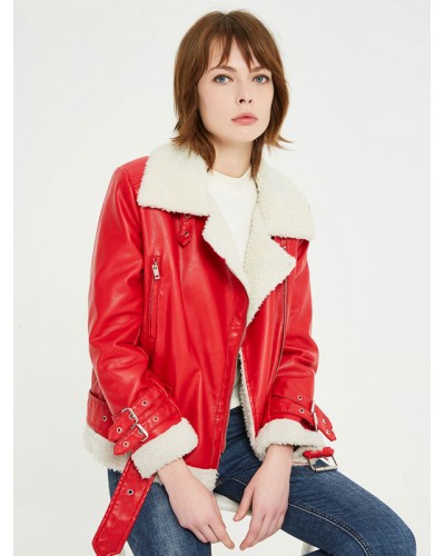 Faux Leather Moto Jacket Red Turndown Collar Style Zip Up Oversized Relaxed Fit Faux Lamb Fleece Spring Biker Outerwear For Women Casual Boyfriend Fall Winter