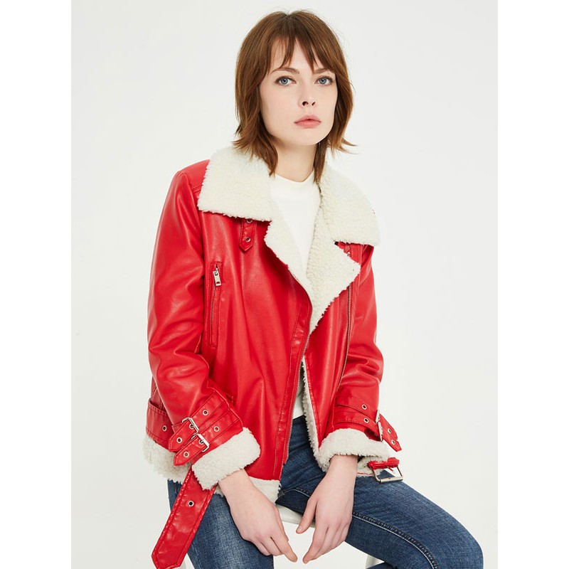 Faux Leather Moto Jacket Red Turndown Collar Style Zip Up Oversized Relaxed Fit Faux Lamb Fleece Spring Biker Outerwear For Women Casual Boyfriend Fall Winter