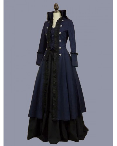 Women Dark Navy Costumes 's Ruffles Polyester Dress Marie Antoinette Costume Party Prom Dress Tunic Retro