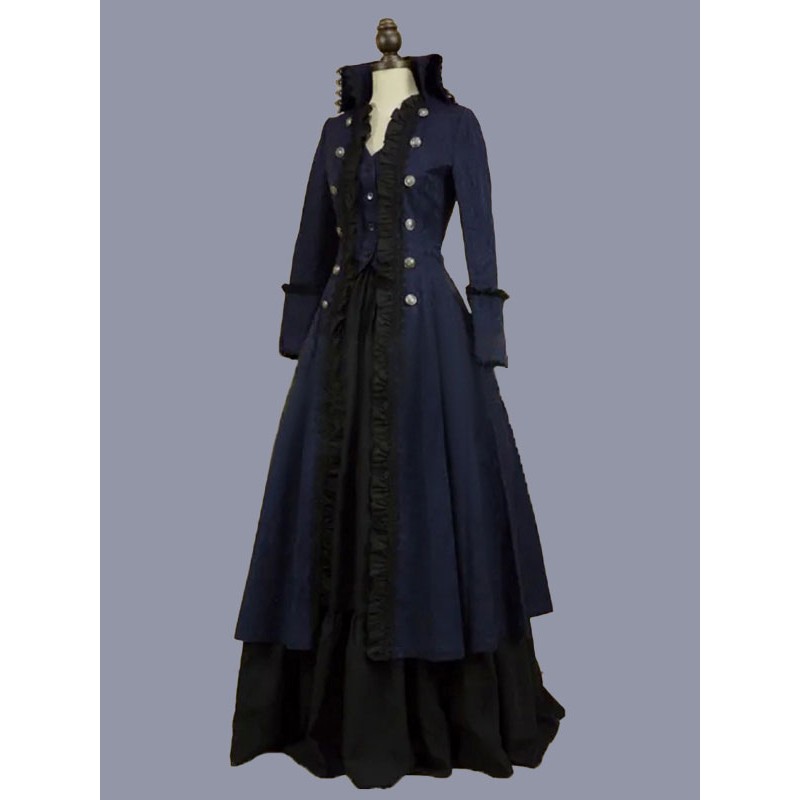 Women Dark Navy Costumes 's Ruffles Polyester Dress Marie Antoinette Costume Party Prom Dress Tunic Retro