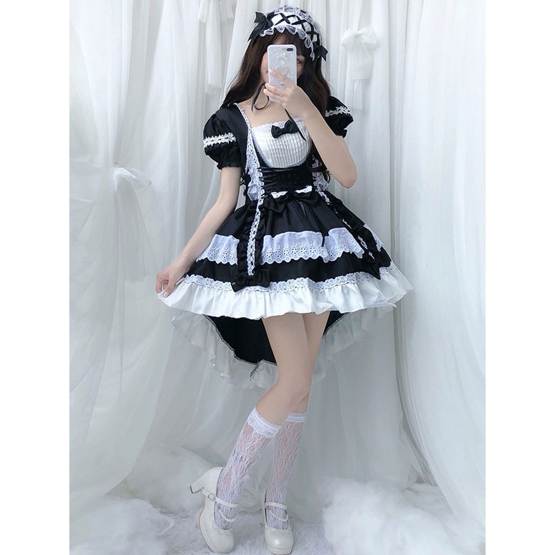 Lolita OP Dress Maid Two-Tone Black Ruffles Lolita One-Piece Dresses Daily Casual Tea Party