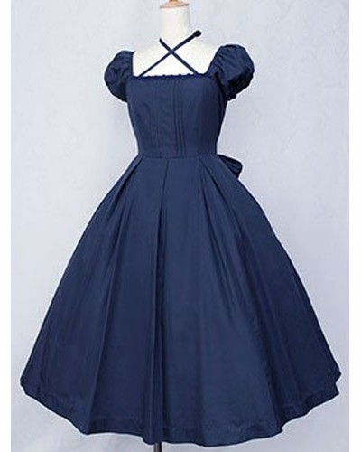 Dark Navy Lolita Dress OP Classic Short Sleeve Cotton Lolita One Piece Dress