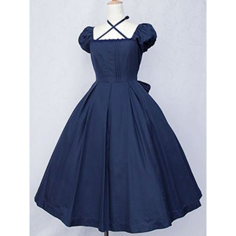 Dark Navy Lolita Dress OP Classic Short Sleeve Cotton Lolita One Piece Dress