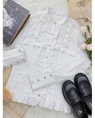 Sweet Lolita Blouses Lace Up Long Sleeves Polyester Lolita Top Lace White Lolita Shirt Spring Summer