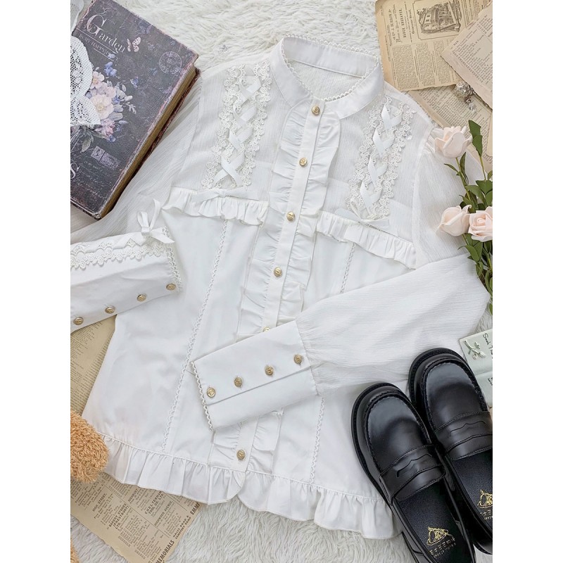 Sweet Lolita Blouses Lace Up Long Sleeves Polyester Lolita Top Lace White Lolita Shirt Spring Summer