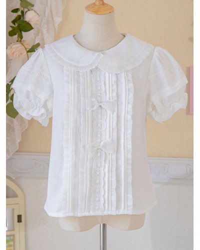 Lolita White Lolita Top Short Sleeves Ruffles Bows Bow Lolita Shirt Blouses Sweet ROCOCO Daily Casual Tea Party