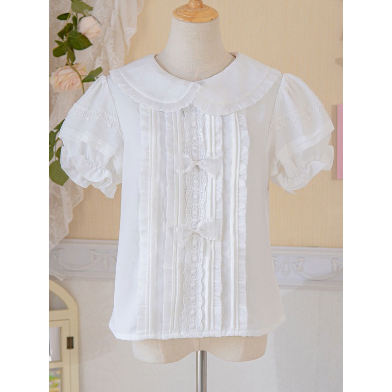 Lolita White Lolita Top Short Sleeves Ruffles Bows Bow Lolita Shirt Blouses Sweet ROCOCO Daily Casual Tea Party