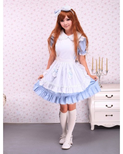 Cotton Blue Ruffles School Lolita Dress With Apron