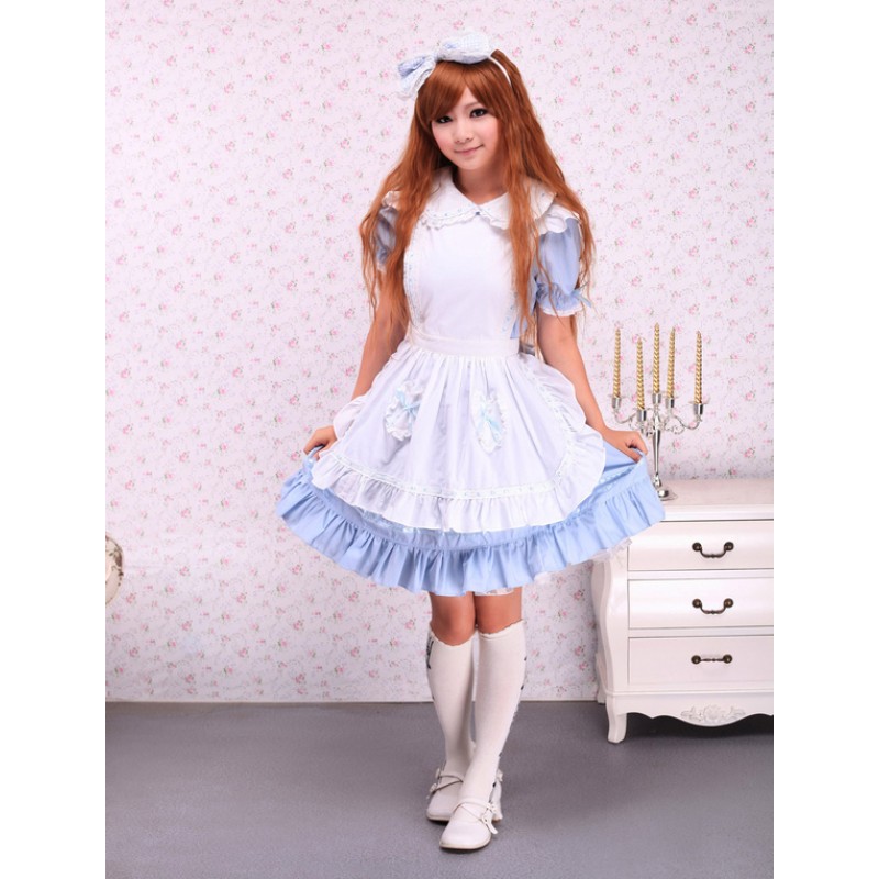 Cotton Blue Ruffles School Lolita Dress With Apron