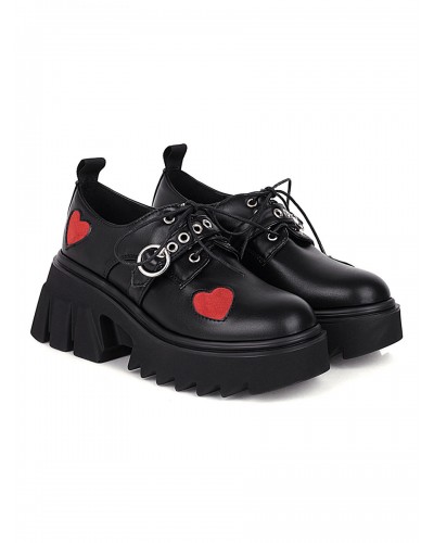 Gothic Lolita Footwear Black Round Toe PU Leather Heart Pattern Lolita Pumps