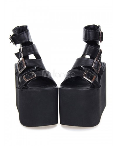 Lolita Sandal Metallic Buckle Platform Black Lolita Footwear Gothic Daily Casual Tea Party