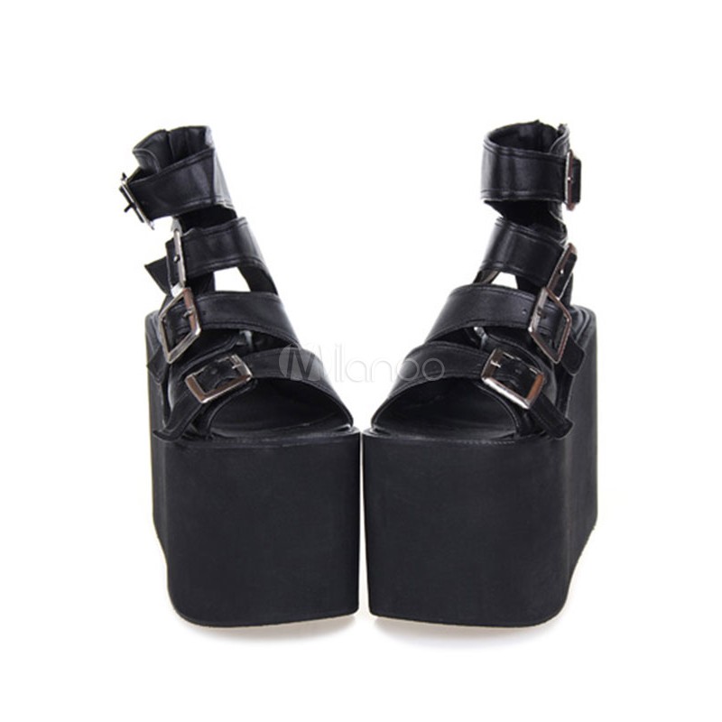 Lolita Sandal Metallic Buckle Platform Black Lolita Footwear Gothic Daily Casual Tea Party