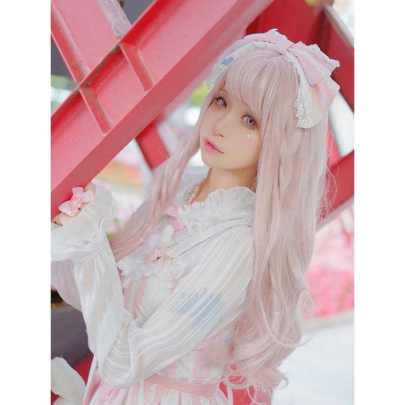 Pink Lolita Long Curly Blunt Bangs Kawaii Synthetic Hair Wigs Harajuku Fashion