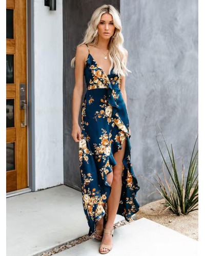 Women Straps Neck Maxi Dress Sleeveless Printed Long Dress Tropical Summer