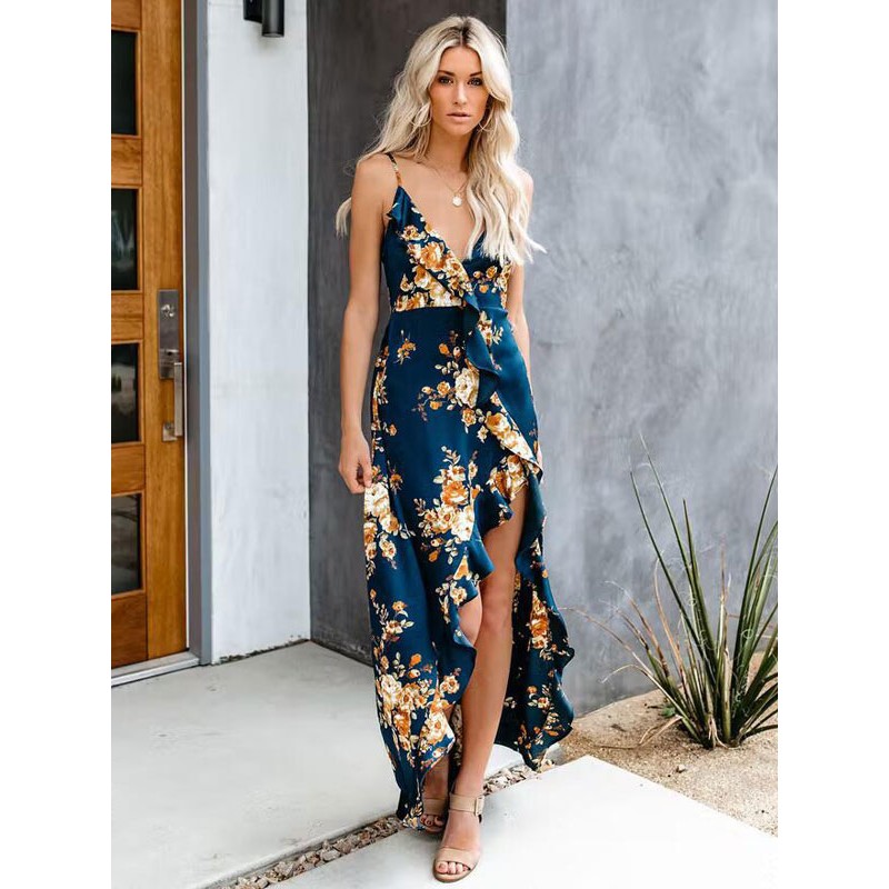 Women Straps Neck Maxi Dress Sleeveless Printed Long Dress Tropical Summer