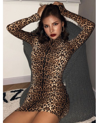 Sexy Bodycon Dresses Leopard Print High Collar Long Sleeves Dress Mini Night Out Rave Club