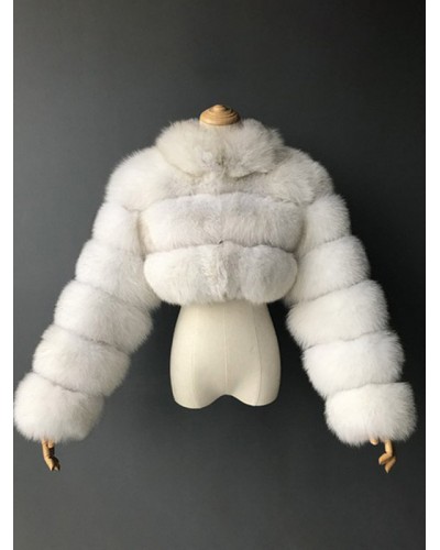 Women Faux Fur Coats White Raised Waist Long Sleeves Front Button Coat Faux Fur Jacket Street Wear Daily Casual