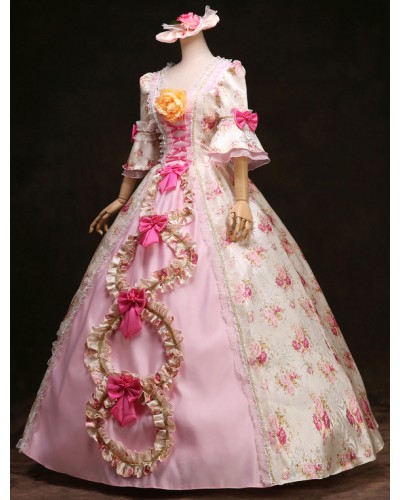 Victorian Dress Costume Women's Royal Rococo Ball Gown Pink Floral Ruffle Bows Victorian Era Outfits Vintage Princess Costumes ROCOCO Halloween Holiday Pageant