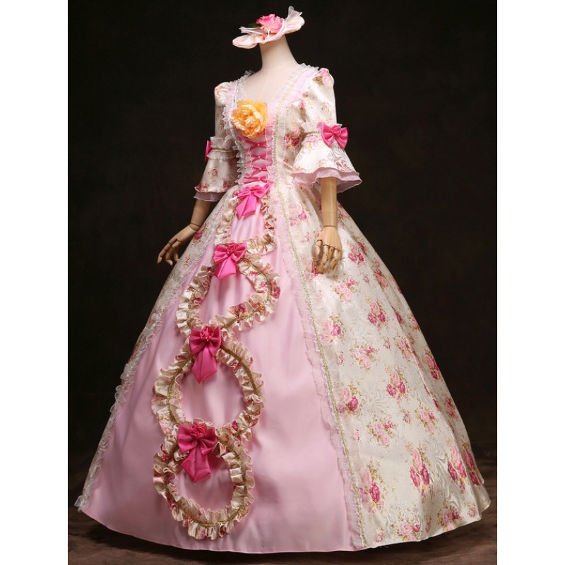 Victorian Dress Costume Women's Royal Rococo Ball Gown Pink Floral Ruffle Bows Victorian Era Outfits Vintage Princess Costumes ROCOCO Halloween Holiday Pageant