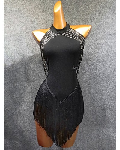 Women Latin Dance Costume Black 's Fringe Ruffled Polyester Dress Dancing Wear Bodycon Sexy