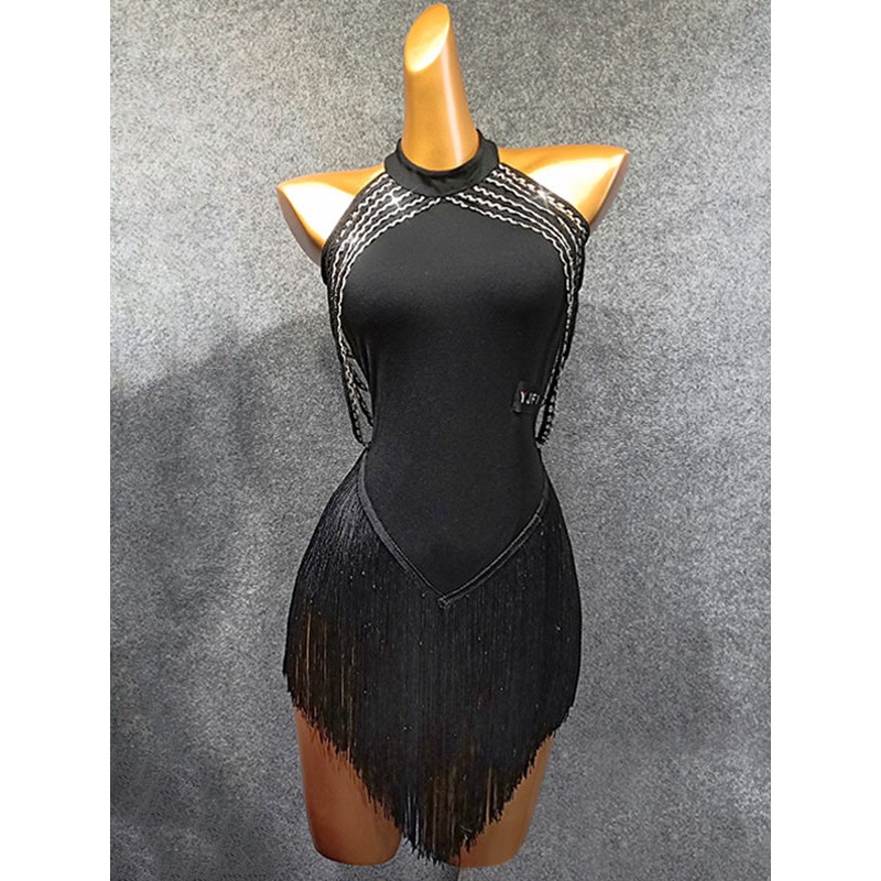 Women Latin Dance Costume Black 's Fringe Ruffled Polyester Dress Dancing Wear Bodycon Sexy