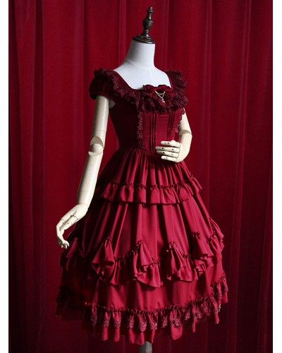 Burgundy Lolita Dress Ruffles Cotton Dress For Women Classic  Traditional Fall Tea Party