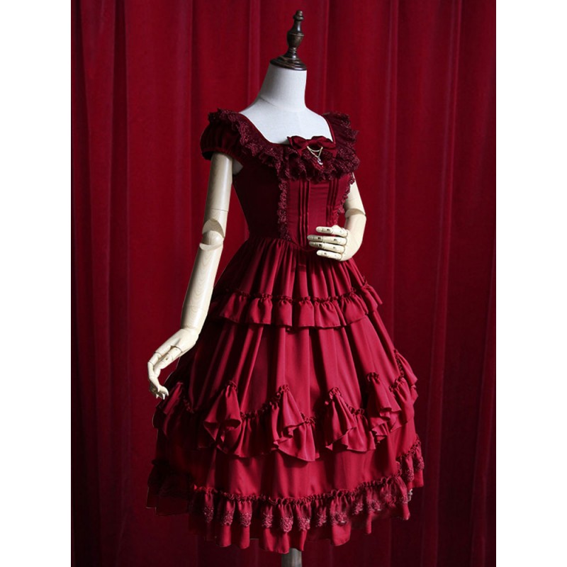 Burgundy Lolita Dress Ruffles Cotton Dress For Women Classic  Traditional Fall Tea Party