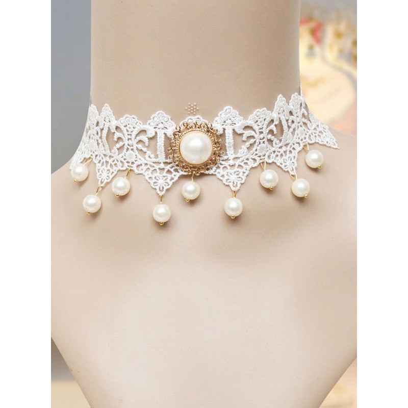 Classic Lolita Choker Pearl Bead Lace White Lolita Jewelry Accessories Classic  Traditional Daily Casual Tea Party