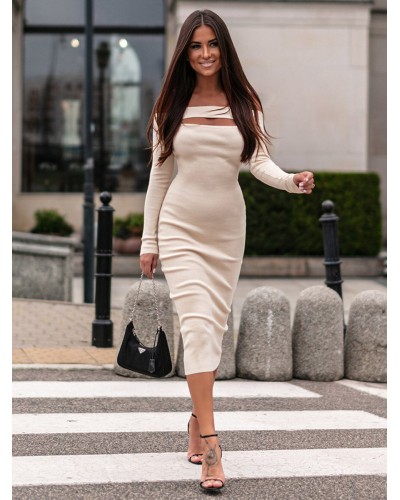 Women Dresses Black Bateau Neck Cut Out Stretch Sexy Long Sleeves Pencil Dress Bodycon Fall Winter