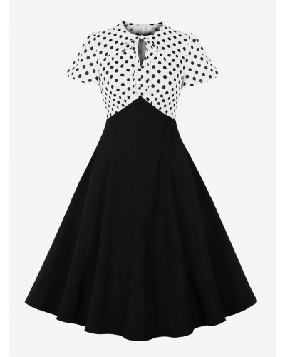 Retro Dress Black 1950s Audrey Hepburn Style Polka Dot Lace Up Short Sleeves Crewneck Knee Length Rockabilly Dress Bodycon Spring Summer Fall