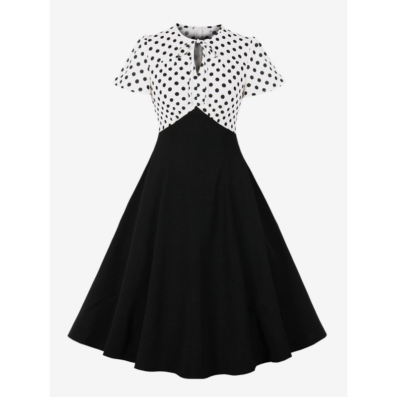 Retro Dress Black 1950s Audrey Hepburn Style Polka Dot Lace Up Short Sleeves Crewneck Knee Length Rockabilly Dress Bodycon Spring Summer Fall