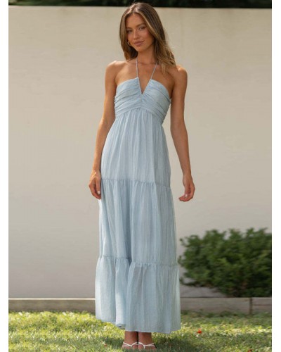 Summer Dresses Blue V-Neck Lace Up Beach Dress Maxi Resort Wear