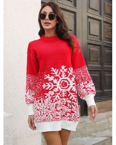 Women 's Knitted Dress Fashion Christmas Pattern Crewneck Long Sleeves Acrylic Dresses Lounge Winter