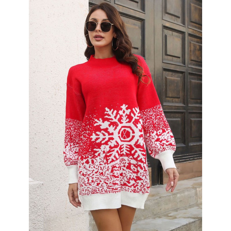 Women 's Knitted Dress Fashion Christmas Pattern Crewneck Long Sleeves Acrylic Dresses Lounge Winter