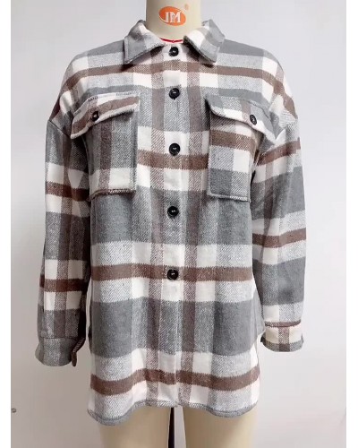 Women Shacket Khaki Turndown Collar Button Plaid Overshirt Jacket Relaxed Fit Spring Fall Outerwear Casual Street Wear Field