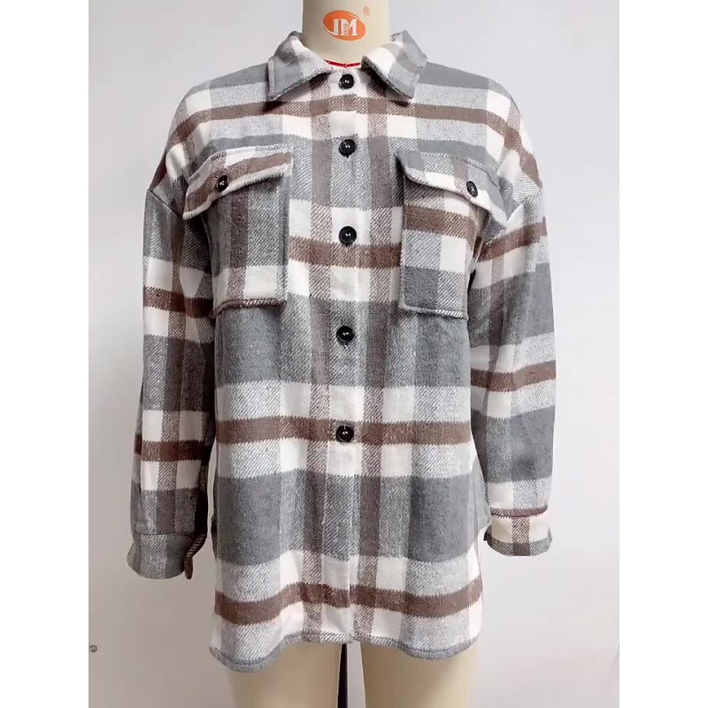 Women Shacket Khaki Turndown Collar Button Plaid Overshirt Jacket Relaxed Fit Spring Fall Outerwear Casual Street Wear Field