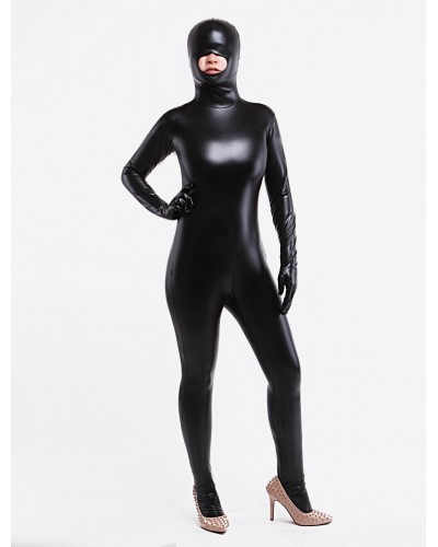 Unisex Morph Suit Black Crotchless Bodysuit Shiny Metallic Catsuit With Mouth Opened Solid