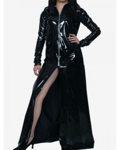 Black Long Sleeves Front Split PVC Shiny Metallic Fabric Front Zip Maxi Dress Robes Solid