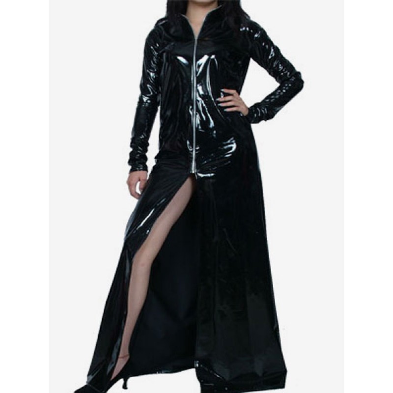 Black Long Sleeves Front Split PVC Shiny Metallic Fabric Front Zip Maxi Dress Robes Solid