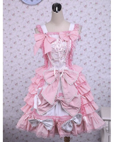 Pink Cotton Loltia Jumper Dress Bows Layers Ruffles Sweet Summer Tea Party