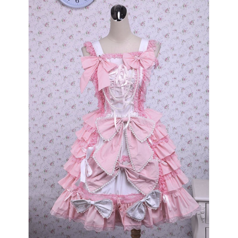 Pink Cotton Loltia Jumper Dress Bows Layers Ruffles Sweet Summer Tea Party