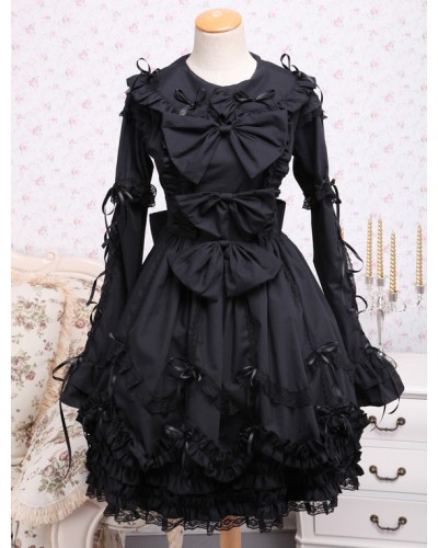 Elegant Gothic Black Cotton Lolita OP Dress Long Sleeves Lace Trim Bows Ruffles Tea Party