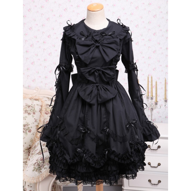 Elegant Gothic Black Cotton Lolita OP Dress Long Sleeves Lace Trim Bows Ruffles Tea Party