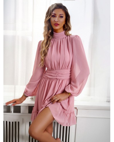 Skater Dresses High Collar Buttons Pink Sweet Long Sleeves Fit And Flare Dress Bodycon Street Wear Daily Casual