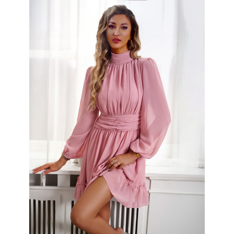 Skater Dresses High Collar Buttons Pink Sweet Long Sleeves Fit And Flare Dress Bodycon Street Wear Daily Casual