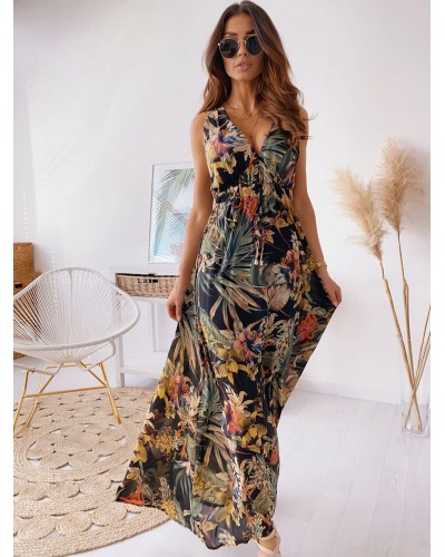 Dresses Sleeveless White Printed V-Neck Drawstring Floor Length Dress Maxi Beach Resort Wear